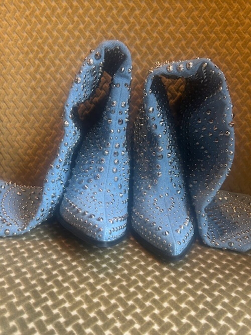 Azalea Wang Texas Studded Denim Pull On Cushioned Wedge Cut Heel Cowboy Boot NEW - Picture 16 of 16